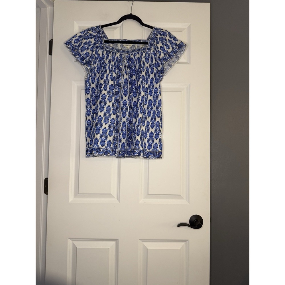 Max Studio Square Neck Flutter Sleeve Top 1x Blue White Floral Nwt $128